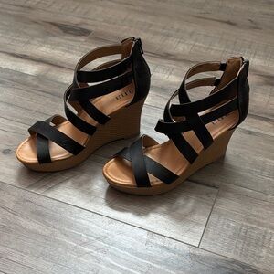 a.n.a Black and Tan Strappy Wedge Sandals